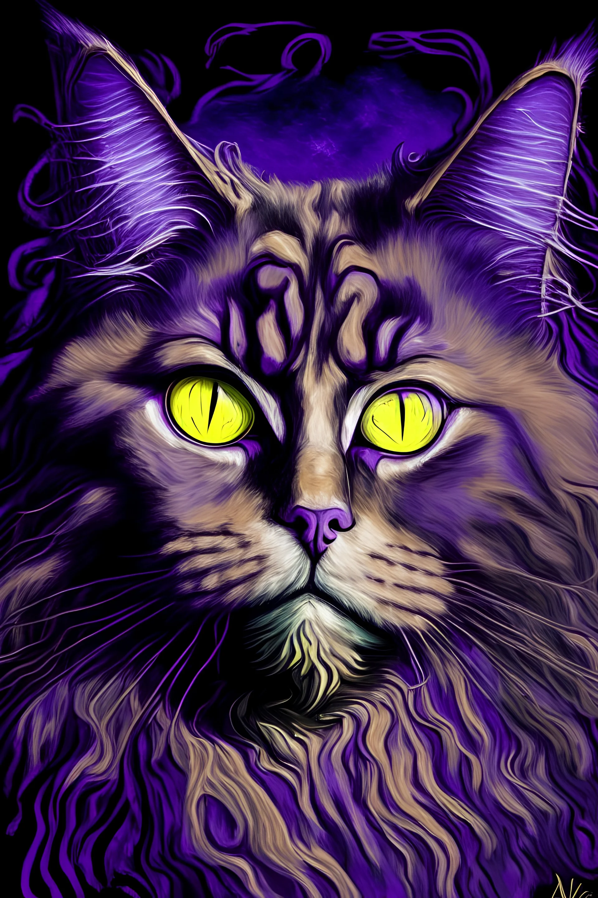 portrait of a purple maine coon cat with a third eye in its fore head by van gogh