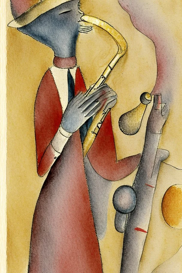 Pencil drawing and watercolour by Paul Klee grey and gold and red of a man playing the saxophone