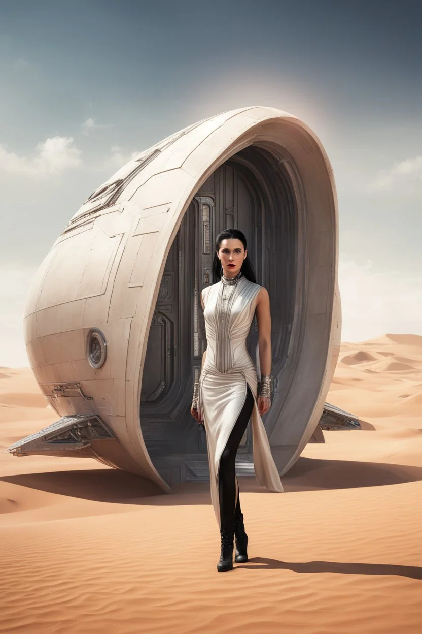 photorealistic slim woman looking and dressing like Drusilla standing at the entrance to a spaceship in a desert