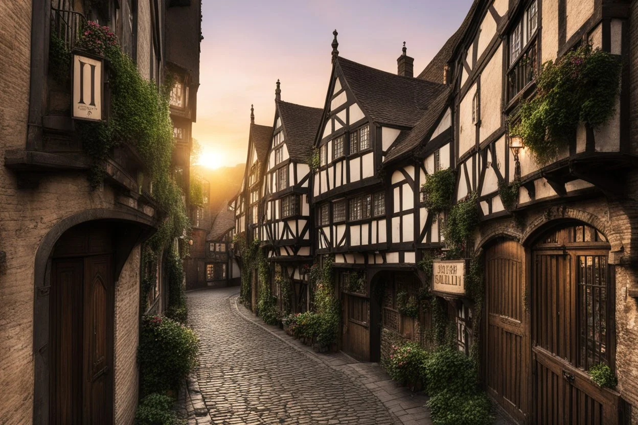 Old English Tudor Alley with shops, signs, bridges, and balconies, sunset, warped and grubby