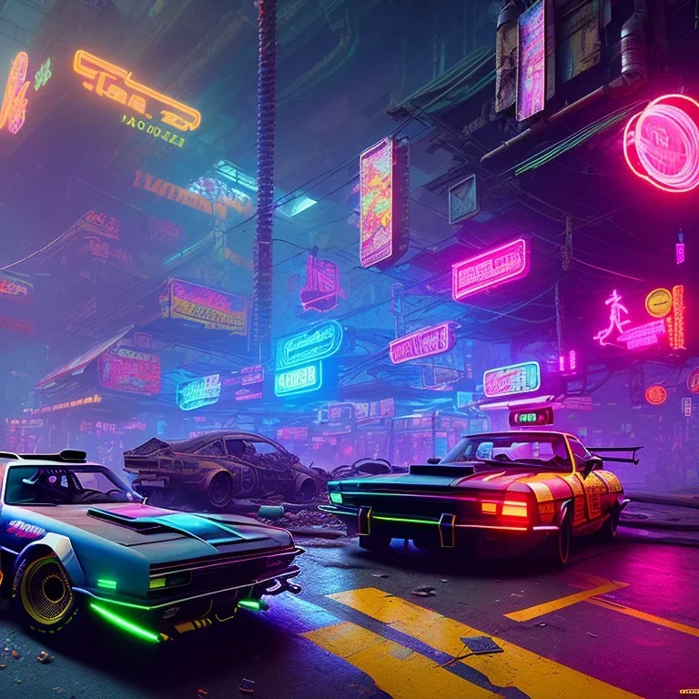 photo quality, unreal engine render, highest quality, stop-motion animation, vivid neon colors, volumetric lighting, cyberpunk 2077, classic car junkyard, deep colors in a dark setting background, post-apocalyptic,