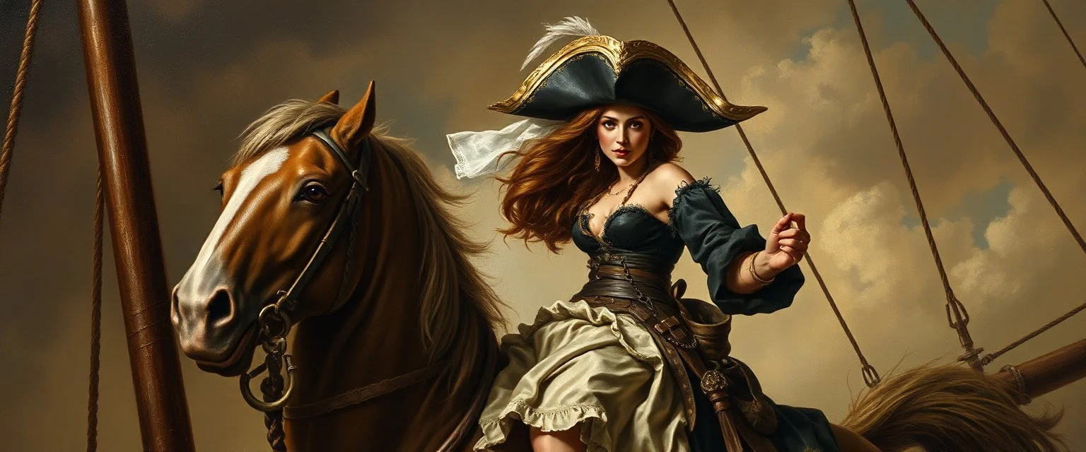 master oil painting by Rembrandt, good afternoon bitch scary hot seductive pirateress merchant rat swashbuckler on stallion on ship