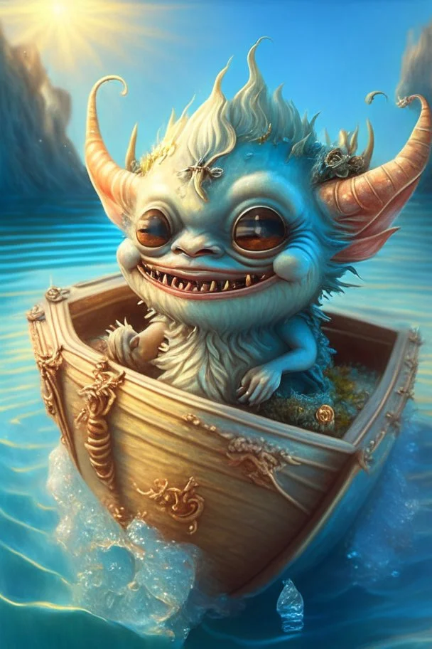 cute happy tiny ocean demon sitting in a boat, intricately detailed, photorealistic, oil on canvas, trending on art station, high definition, hdr, cute, beautiful in sunshine