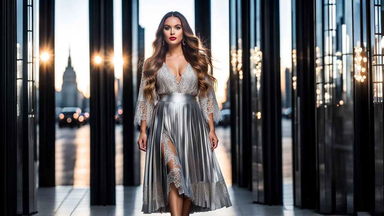 very beautiful model lady with makeup and beautiful modern fashion midi pleated velvet dark silver lace skirt with lace edges and modern loose lace top with a loose over, curvy silver long hair, standing in a modern city open satge with 8 cubic mirrors(each with 4 equal hight and equal width, vertical mirror), each vertical on its own short rotating base. with some small lights on crystal frames, on roof of a skyscraper with city escape at background, with animating dynamic lights with high