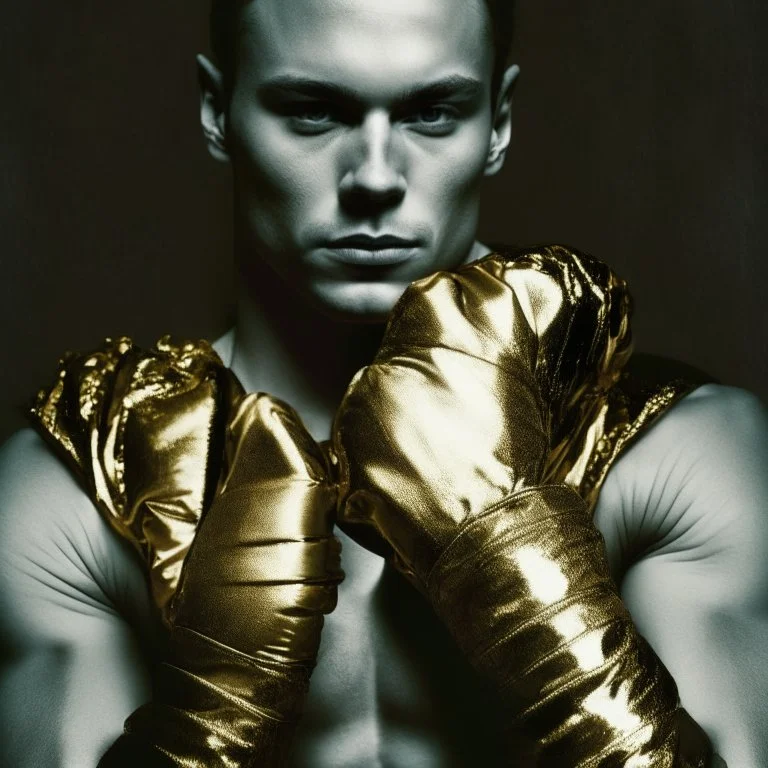 having a gold fashion gloves on his arms