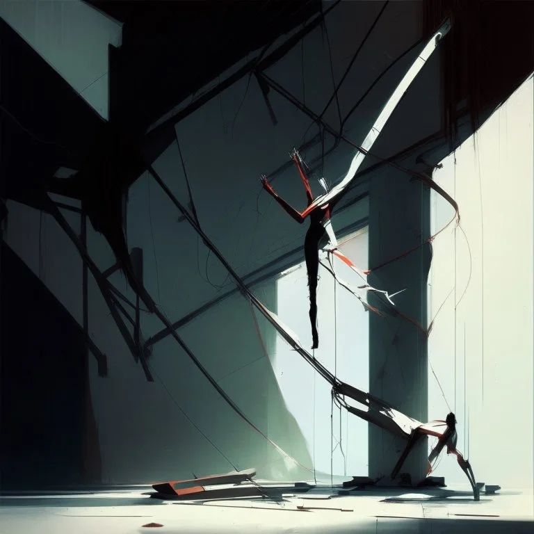 Minimal abstract oil painting of a falling person limbs sinew. Amongst concrete fragments brutalist architecture and hanging wires illuminated at night. In the style of Justin Mortimer and Phil Hale and Ashley Wood