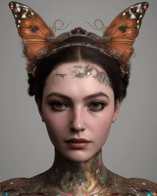 upper bust portrait, the queen of butterflies, corset, intricate metal work flower crown, butterfly wings on back, 8k resolution concept art, dynamic lighting, intricately detailed, hyperdetailed, beautiful, ethereal, elegant, golden hour, (butterfly), gothic