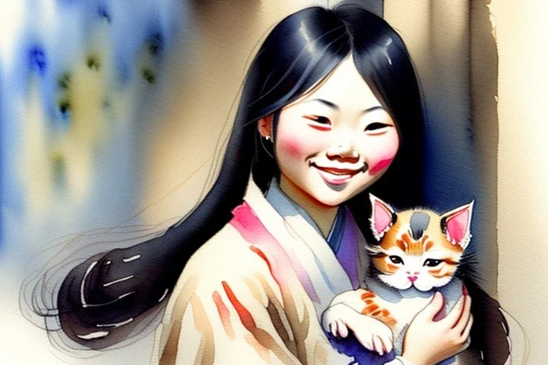 A cute smiling asian girl is holding a kitten. Watercolour