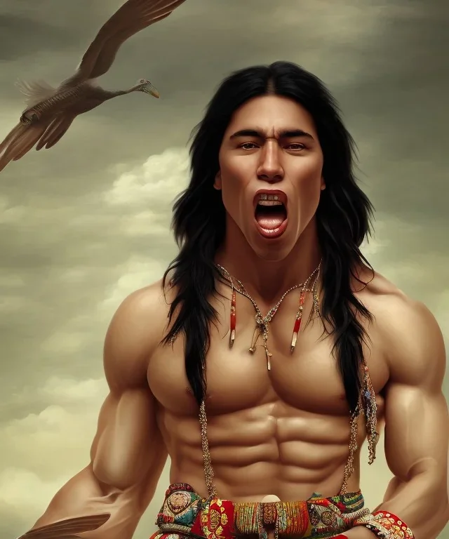 native american warrior, long black hair, big muscles, face up, mouth wide open, scream face, shirtless, looking to the sky