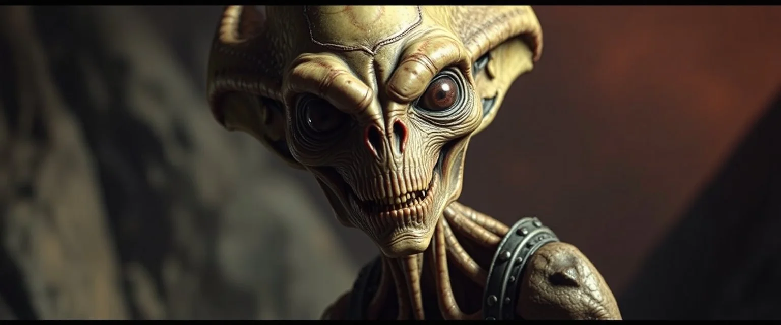 alien hill billy boss In the style of Rembrandt,Background blur. Movie poster. Wild look.