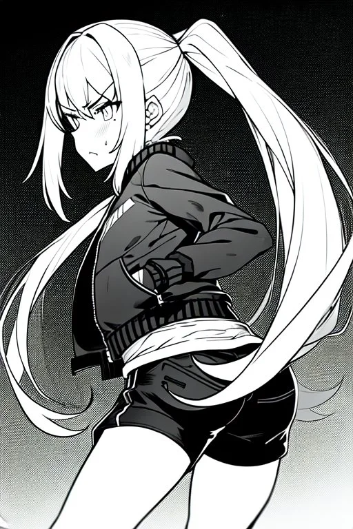 blonde girl with ponytails dressed in a jacket and shorts walks angry, greyscale