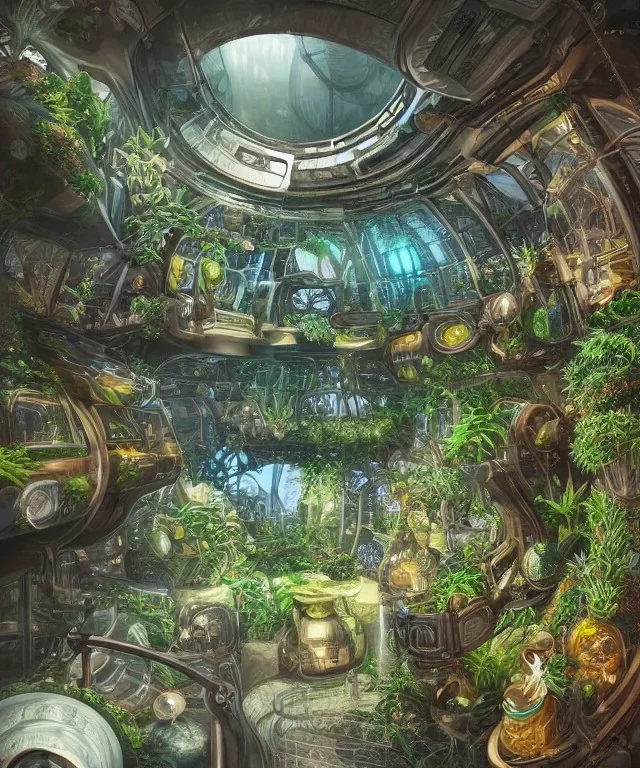 Inside a futuristic steampunk space ship with plants and animals