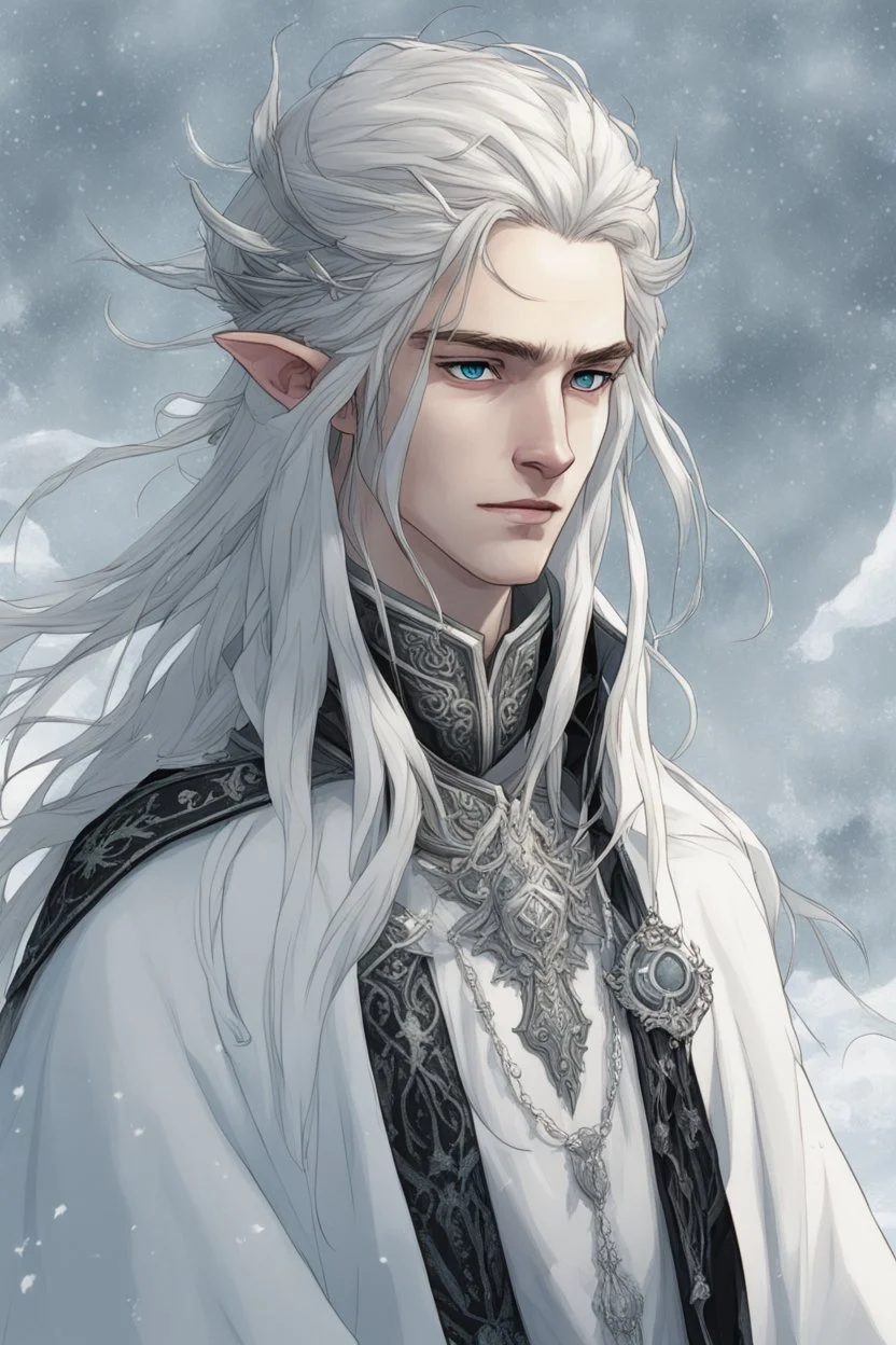 a young high elf frost Wizard with long wiry hair, wearing a black trimmed white nobleman's robe and frost ornaments on clothes