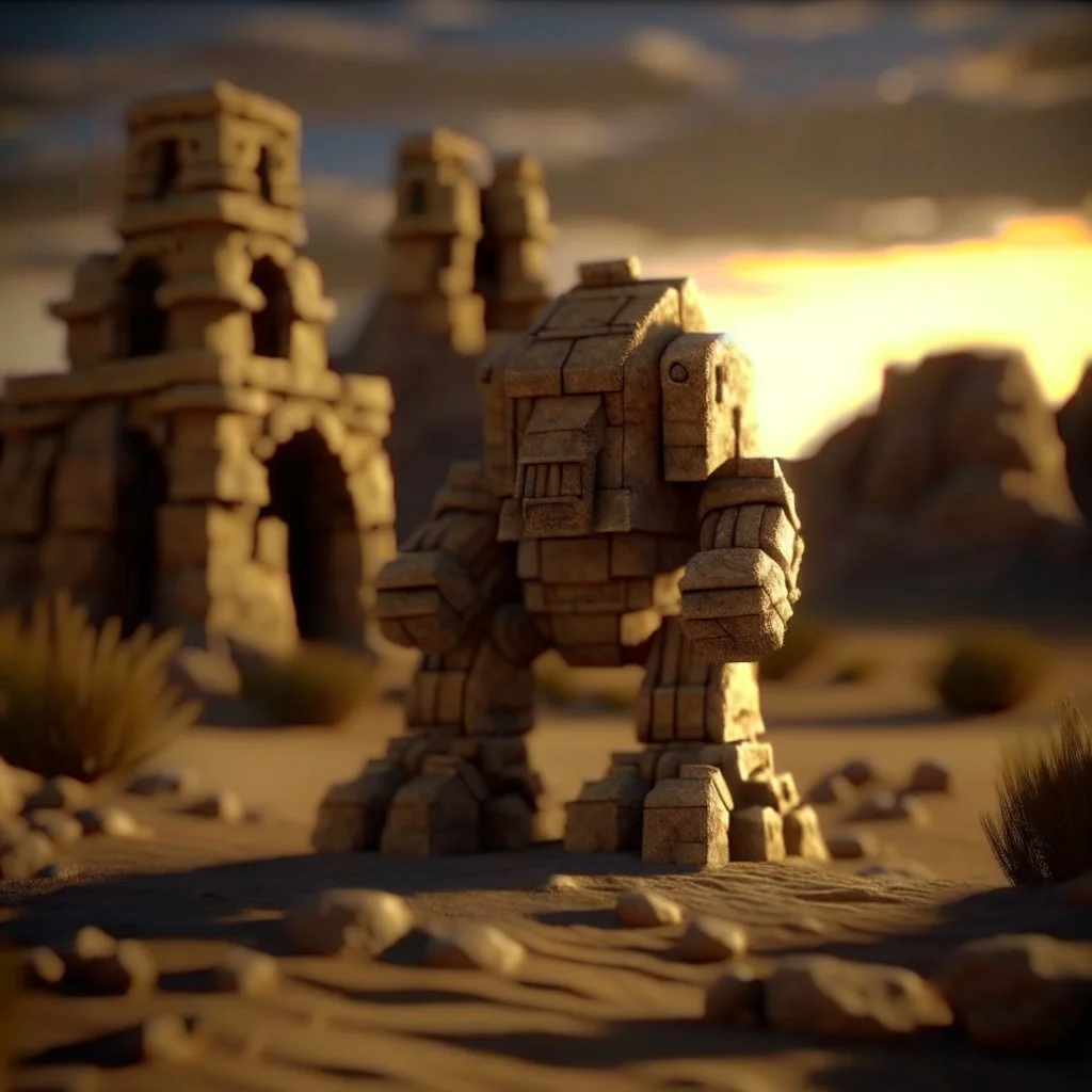 imposing stone golem in the wind in castle in the desert in evening, photo-realistic, shot on Hasselblad h6d-400c, zeiss prime lens, bokeh like f/0.8, tilt-shift lens 8k, high detail, smooth render, down-light, unreal engine, downlight