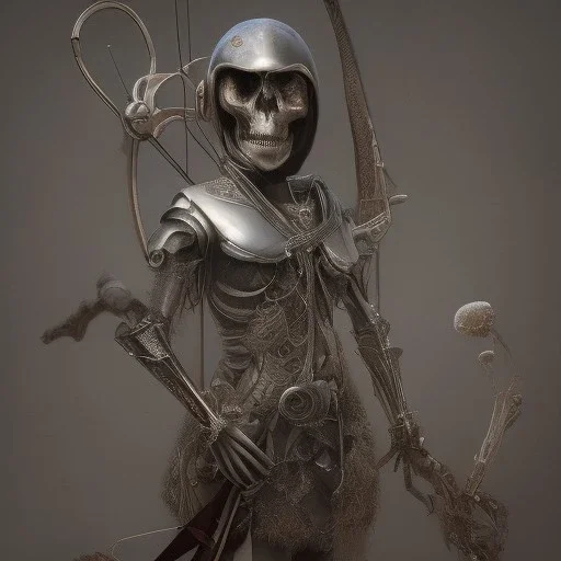 a skeleton archer holding a bow in his hand, steam punk, realistic, made in octane, cinematic, ultra-realistic, extremely detailed octane rendering, 8K, VRAY Super Real ar 2:3, dof photorealistic futuristic 50mm lens hard lighting dark gray tintype photograph, realistic lighting, sepia color