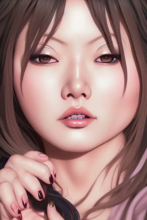 Hitomi tanaka, 8k 4d photo realistic Highly detailed portrait of stunningly beautiful woman, sitting inside a cozy cafe, by Loish, by Bryan Lee O'Malley, by Cliff Chiang, by Greg Rutkowski, inspired by image comics, potrait illustration, cute fine face, pretty face, realistic shaded perfect face, symetrical eyes, perfecet eyes