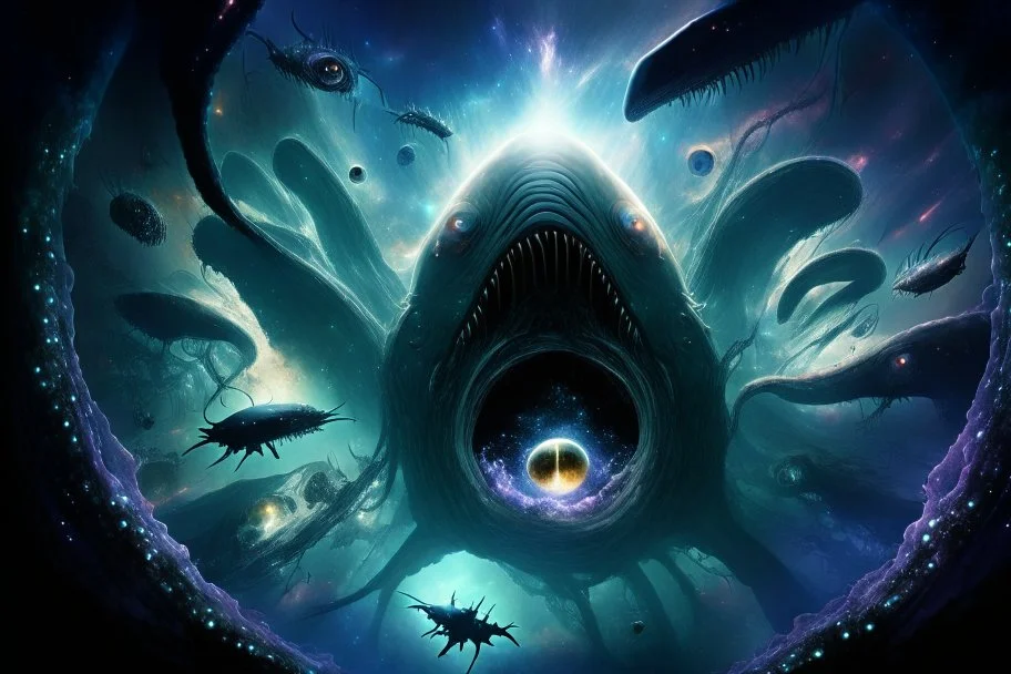 View into an event horizon in space with many enormous strange tentacled whale-like creatures with huge faceted eyes and mouths, flying around