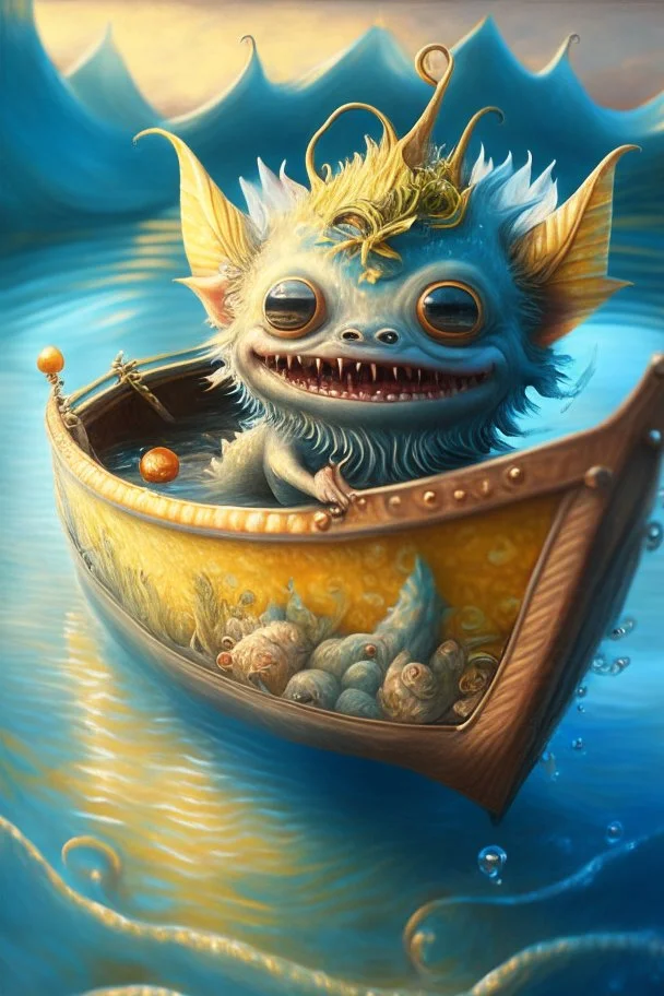 cute happy tiny ocean demon sitting in a boat, intricately detailed, photorealistic, oil on canvas, trending on art station, high definition, hdr, cute, beautiful in sunshine