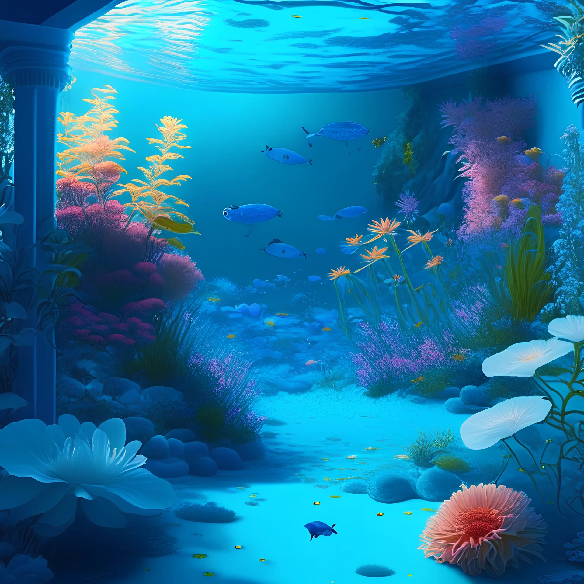 A blue swimming pool in a place full of flowers and scenic landscapes, and a small aquarium for marine organisms,8k,