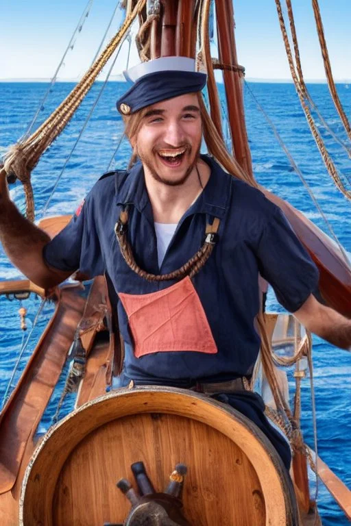 a cheerful sailor sitting on rum barrels aboard a sailing ship at sea, with the ship's steering wheel in the background