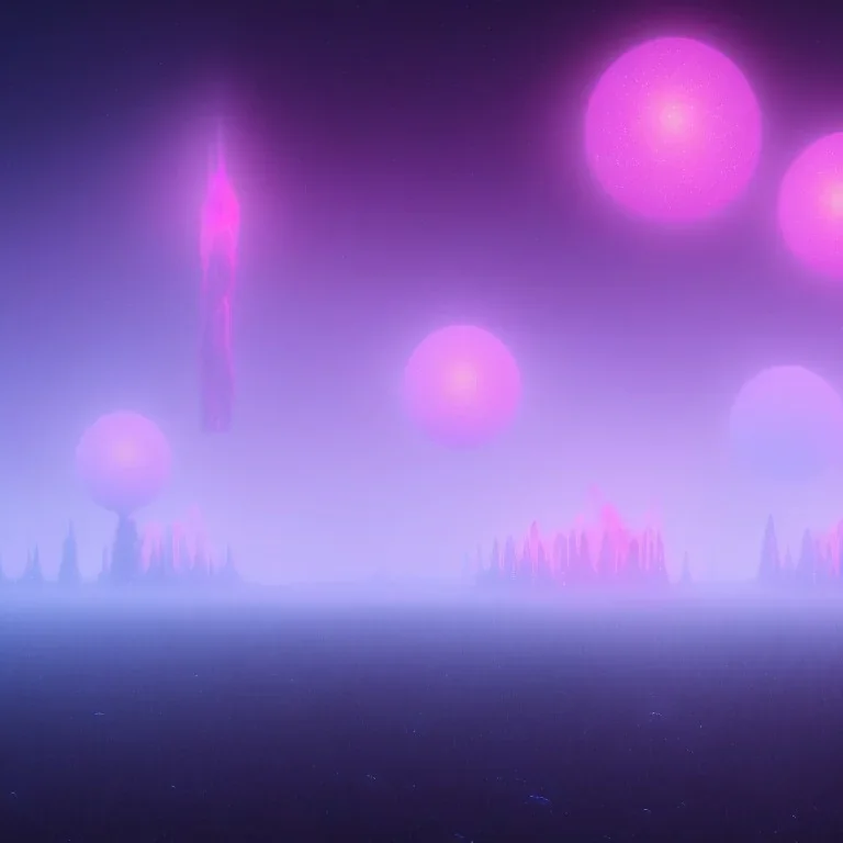 ALIENS FLOATING in the fog, cloudy, spherical clouds, river valley, GLOWING, PURPLE, orange, pink, stars, TOWERS, 4K, 8K, CINEMATIC