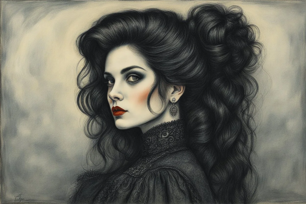 create a 3/4 profile, full body oil pastel of a dark haired, savage, ornately dressed, gothpunk vampire girl with highly detailed , sharply defined hair and facial features , in a foggy 19th century Moscow, in the style of JEAN-FRANCOIS MILLET and MARY CASSATT