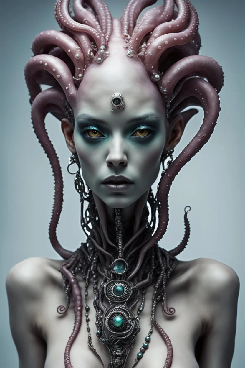 gorgeous female humanoid alien model, tentacles, orichalcum jewelry and piercings