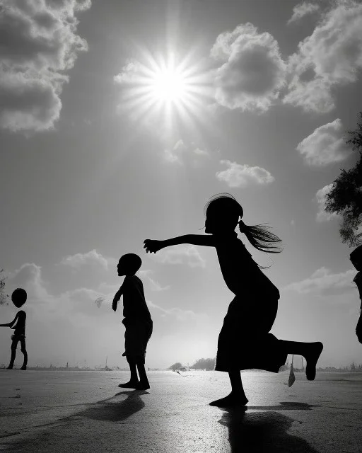 children playing on the indian street capture them against the sun and make an art silhouette, details, sharp, black and white 8k