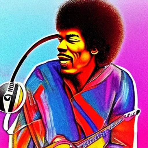 a realistic picture of Jimi Hendrix at a turntable with headphones on being a DJ, vivid color, with sunglasses