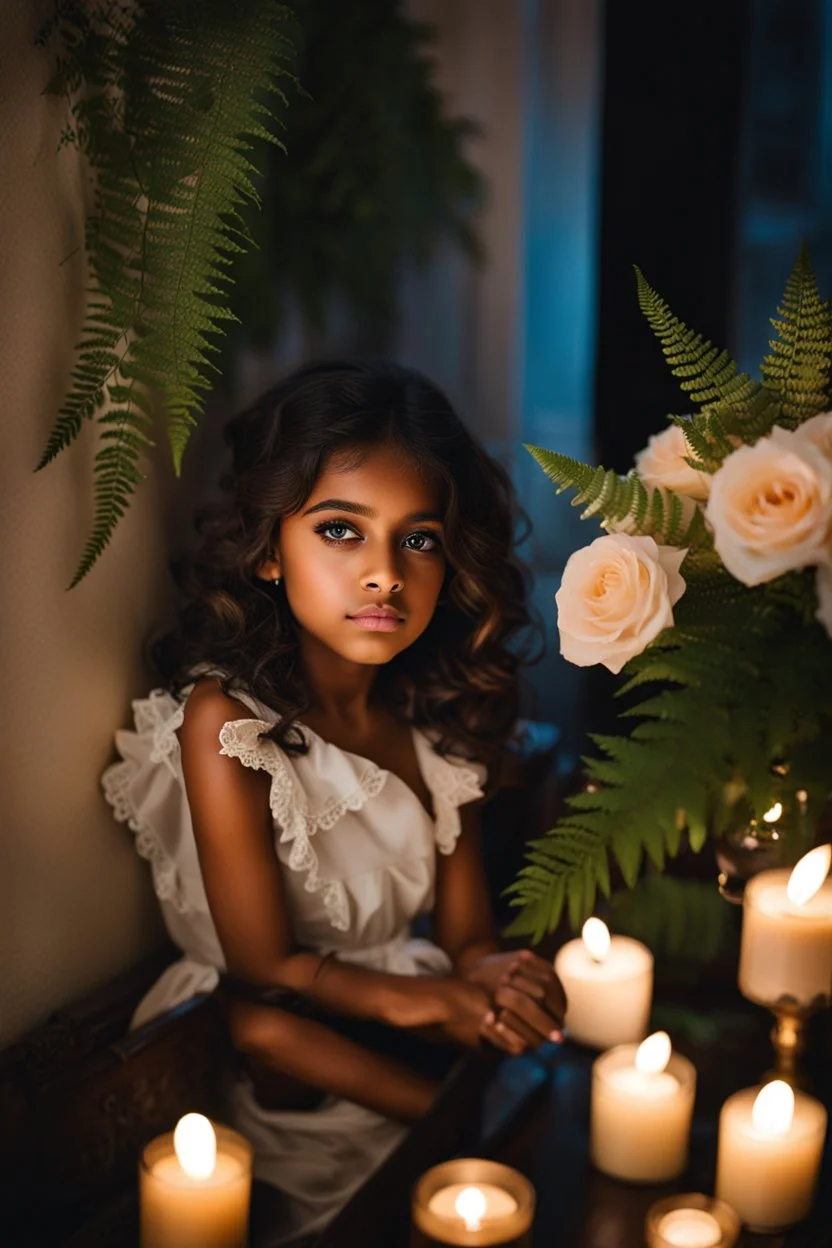 a young girl sitting on a couch holding a bunch of flowers, tanned ameera al taweel, hair whitebangs hair, sitting on the edge of a bed, roses and lush fern flowers, with big eyes, in a room full of candles, a microscopic photo, cute photograph, from left