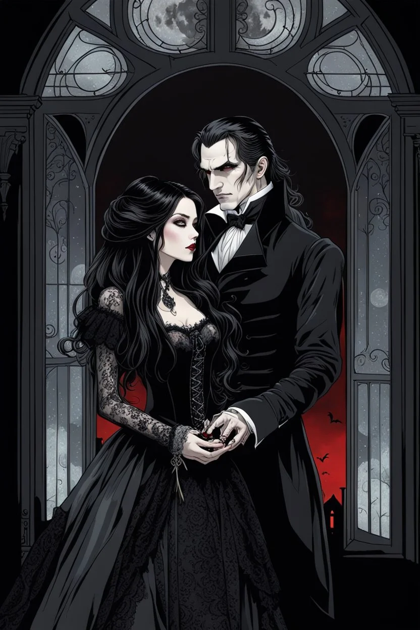 a vampire in a Victorian-style dress with a pale face, black long haired bites neck a beautiful young woman and sucking blood, she wears a wonderful victorian-goth lace dress. a faint melancholy smile on his face, his eyes closed. Gothic-style room in the background, semi-darkness, the light of the full moon shines through the large window onto the horror scene, high detailed, high realistic, sharp focus, masterpiece