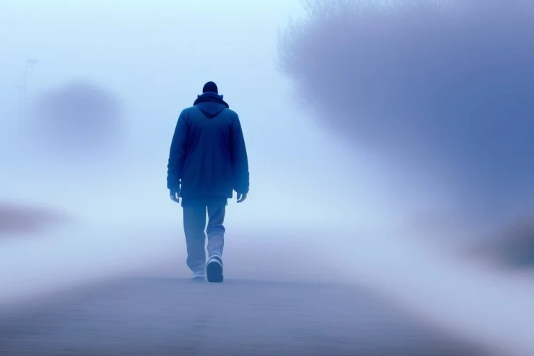 two people seen from behind walking side by side in an empty foggy plain, above there is blue sky