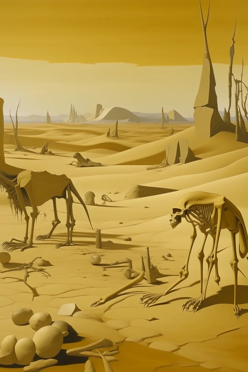 A tan barren wasteland with animal bones painted by Lyonel Charles Feininger