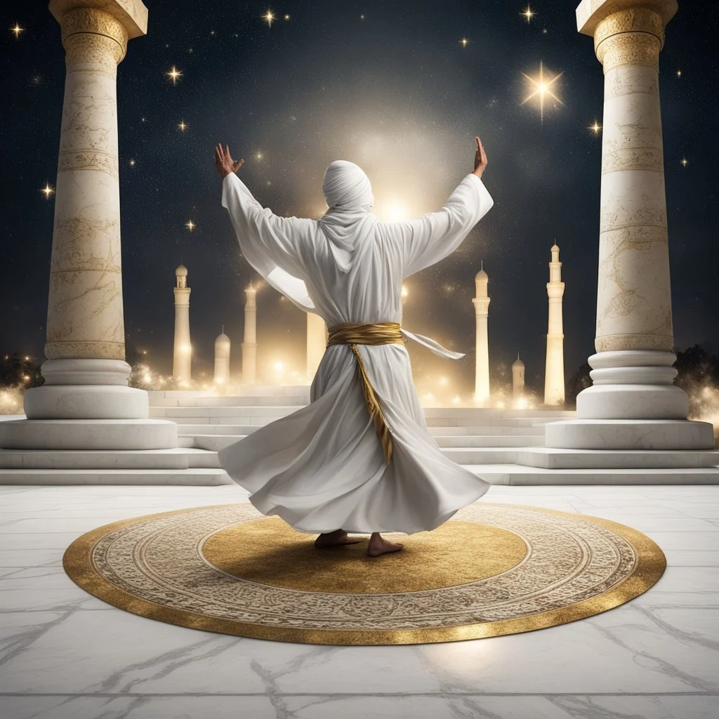 Hyper Realistic Sufi Whirling on stone floor with white & Golden Islamic Sufi Rustic Grungy Background outside white marble Islamic monument at dark night with stars on sky