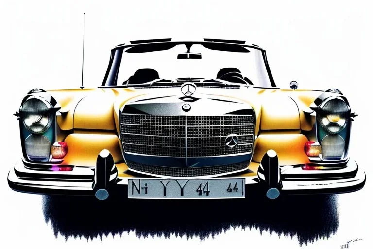 a true-to-life 1962 Mercedes Benz 300SE Convertible, centered, intricate, extreme detailed, photorealism, center view, city background, pivot on mercedes, pen and color marker, painting by cheryl kelley