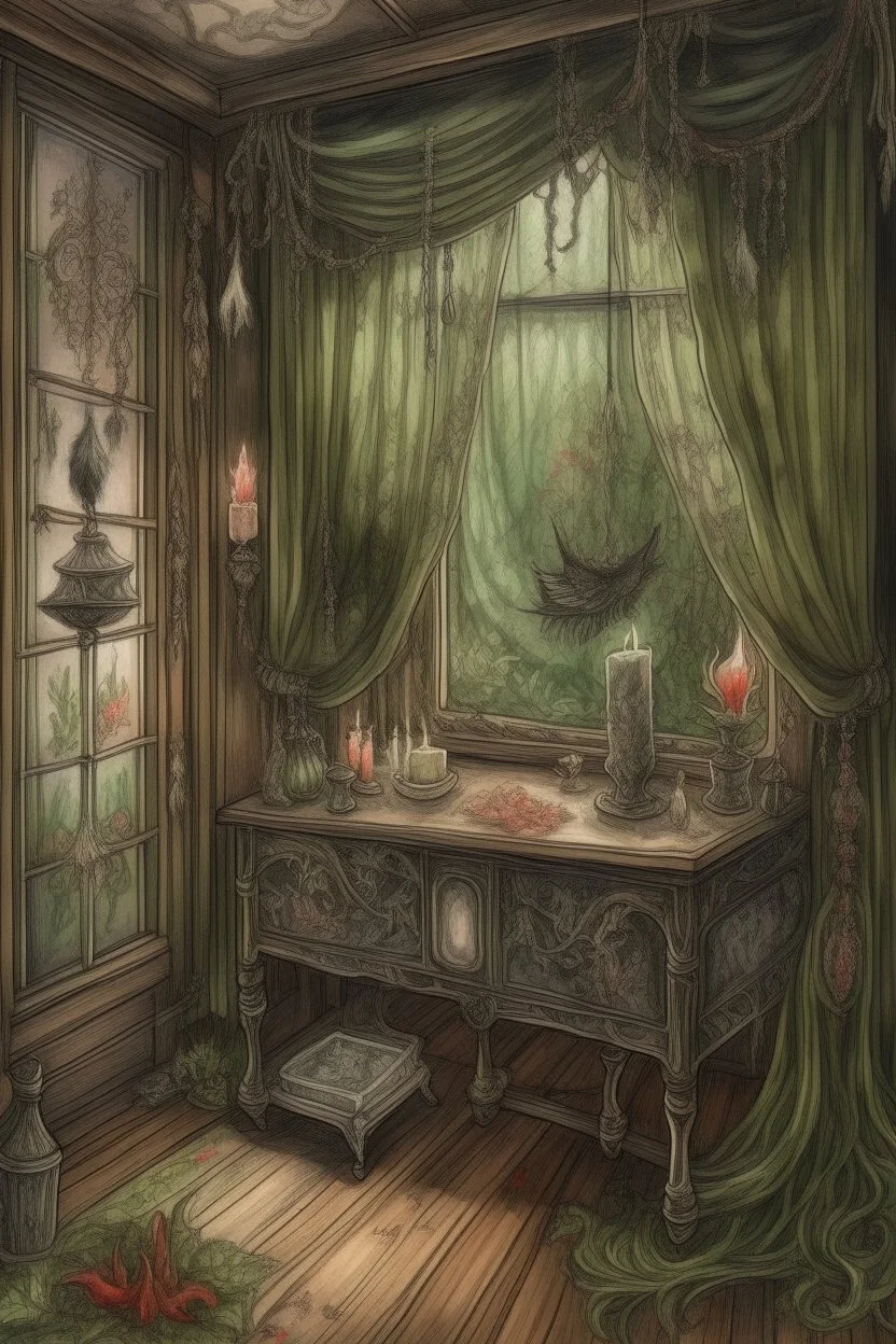 english watercolor, witch's boudoir, mirror, curtains, cobweb, filigree, dried flowers, textiles, candle, magical lighting effect, fairy tale illustration, fine drawing of details with colored pencils, grunge, high resolution, high detail, dark fantasy, dark botanical, beautiful, ISO 100, pixel graphics, hdr, emerald colors, beige, red, deep blue, umbra, grey, dusty rose, gold