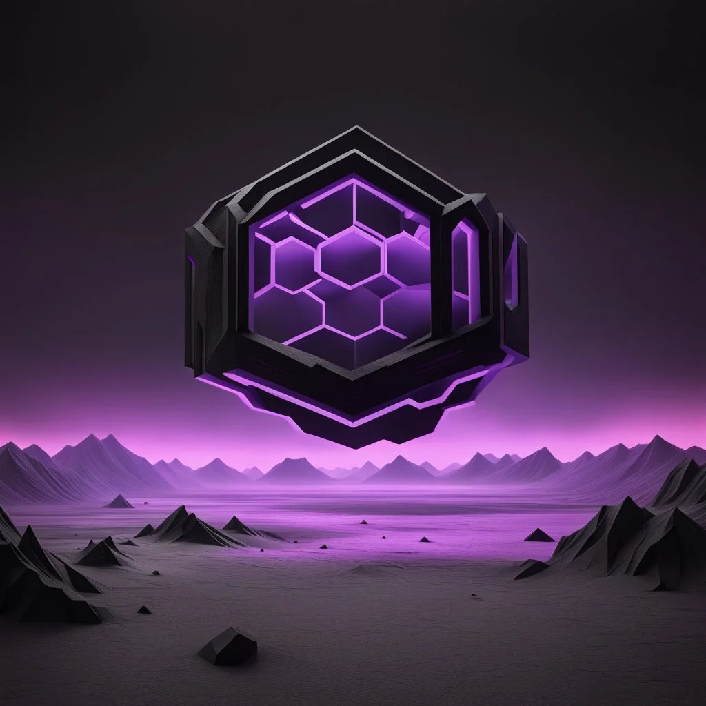 a large dark black 3D hexagon structure with a neon purple outline floating high above a desolate monochrome landscape