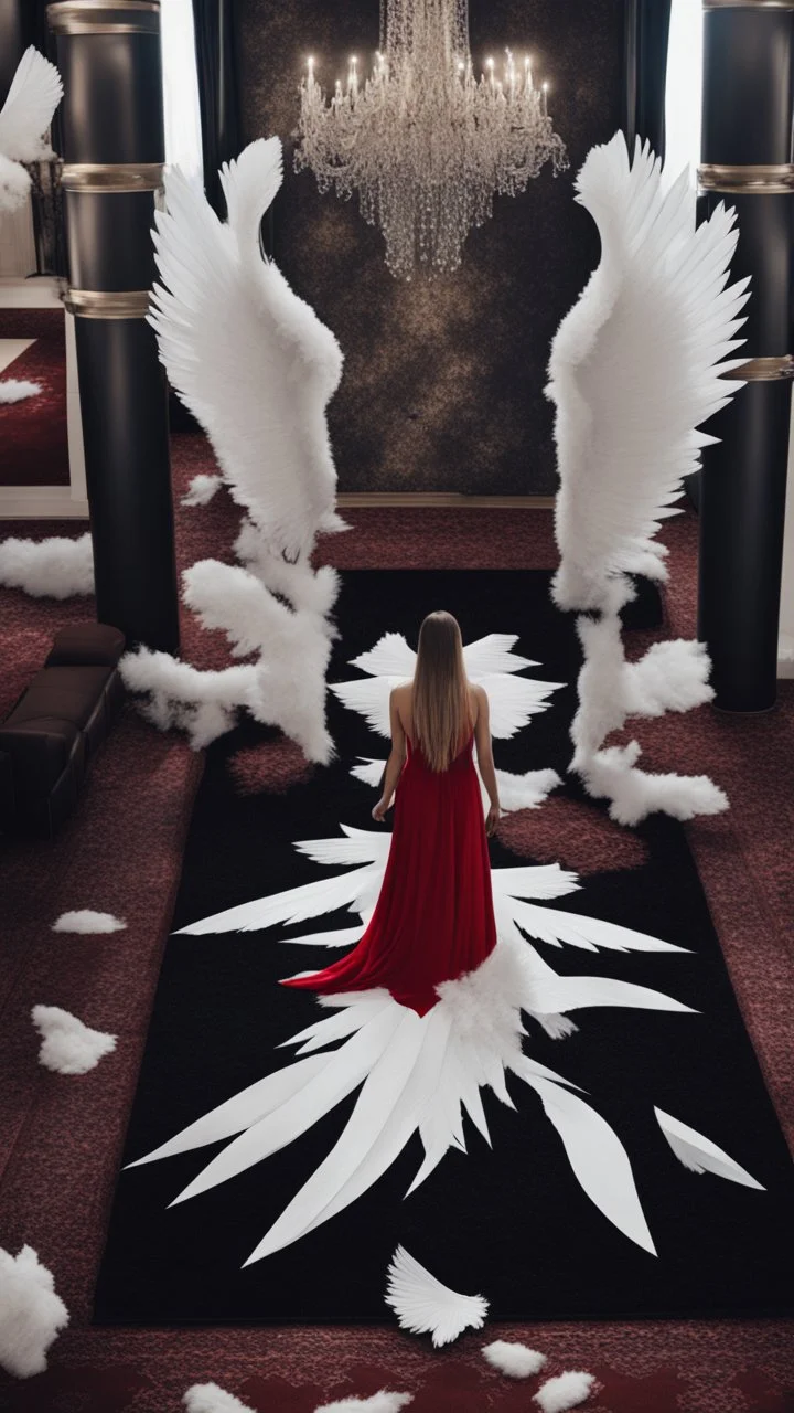 White wings, scissors, red dress on a black luxury carpet. Cinematic photo from above