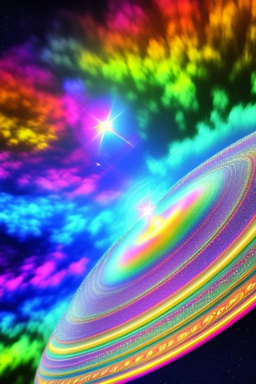 Beautiful ufo, galactic, rainbows, bright colours, blue, pink, gold, jewels,