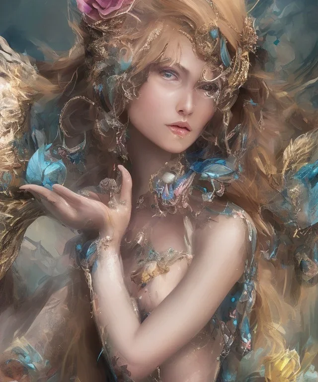 corps de femme de profil, féerique harmonieux et fine, jolie bouche, grand cheveux blond, collier avec des perles de cristal, très grande ailes, lac bleu turquoise,