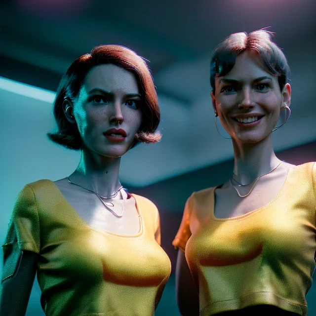 Ultra Realistic scene, retro futuristic style, 1960 fashion sci-fi. 2 Women, smile, happy. highly detailed, concept art, unreal engine 5, ray tracing, RTX, lumen lighting, ultra detail, volumetric lighting, 3d, finely drawn, high definition, high resolution.