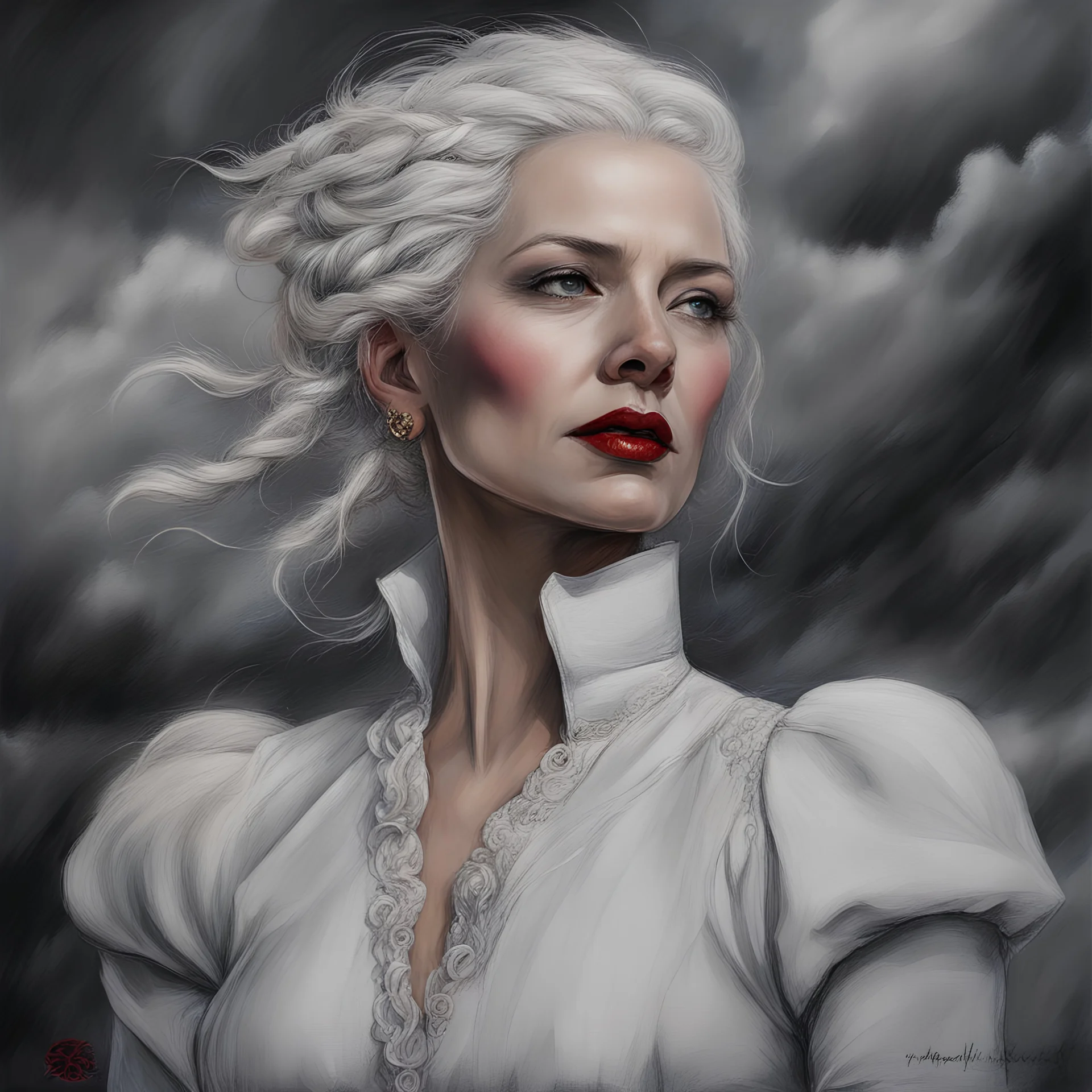 mujer madura con una trenza de cabello blanco, blusa blanca y un fondo de nubes negras de tormenta,, labios rojos Intricate, charcoal and pastel, Scenic, steampunk, Hyperdetailed, Royo, becoming reality, Bagshaw, Chevrier, Ferri, Kaluta, Minguez, overstated, Cina., dramatic, WLOP, 8K, concept, smooth sharp focus, rutkowski, detailed eyes, Artgerm,caravaggio y rembrandt, mark ryden, 4d, meticulous