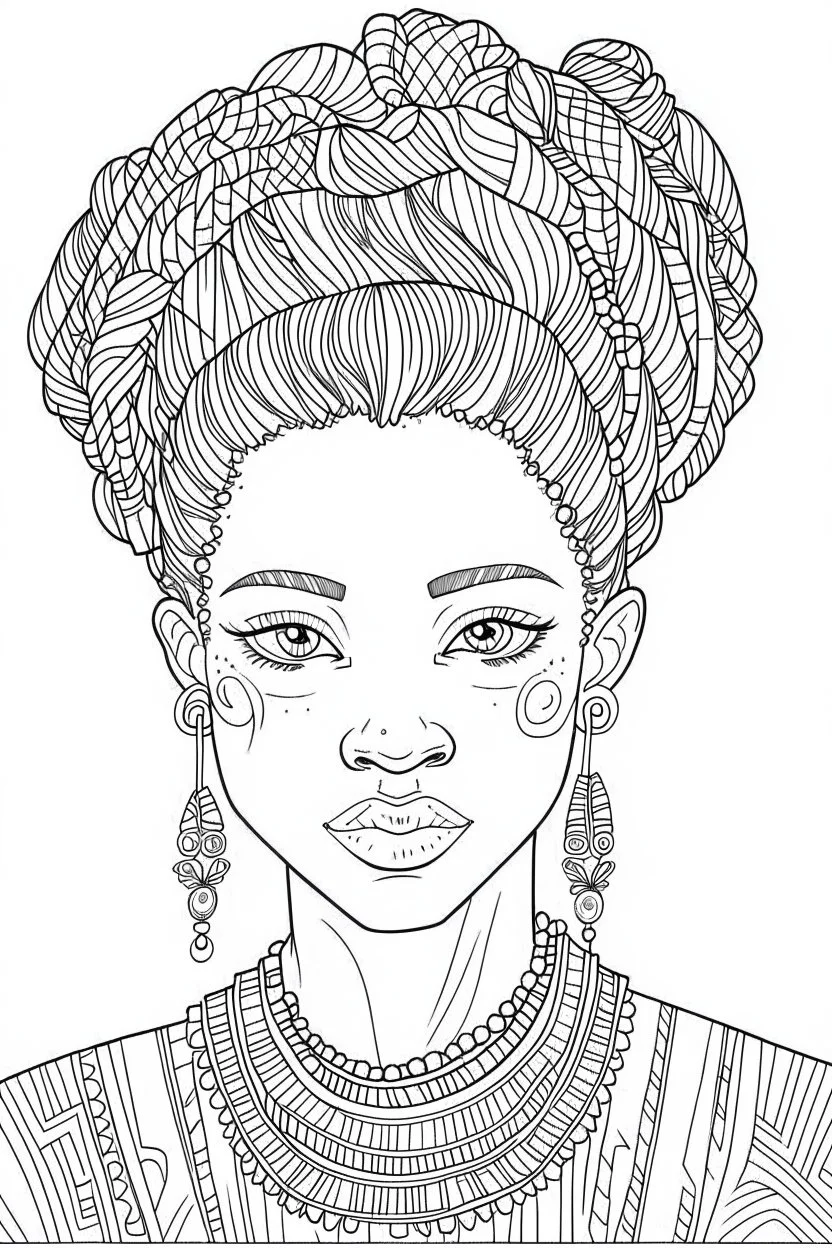 front position african girl face with beautiful hairstyle coloring page