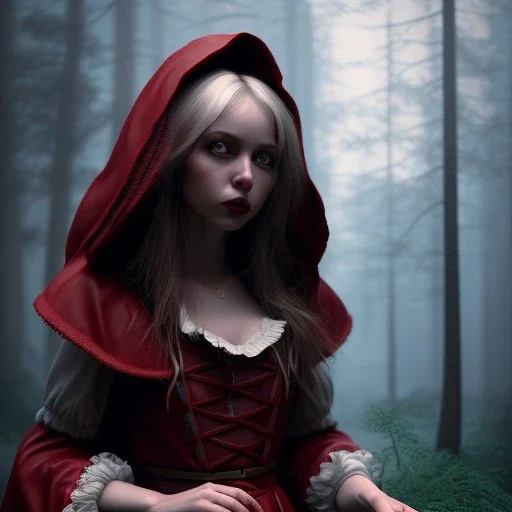 little red riding hood, by tim burton, cinematic lighting, Hyperrealism, 8k uhd, depth of field, photography, unreal engine, octane render, raytracing, cgi, lumen reflections, cgsociety, ultra realistic, volumetric fog, insanely detailed, intricate