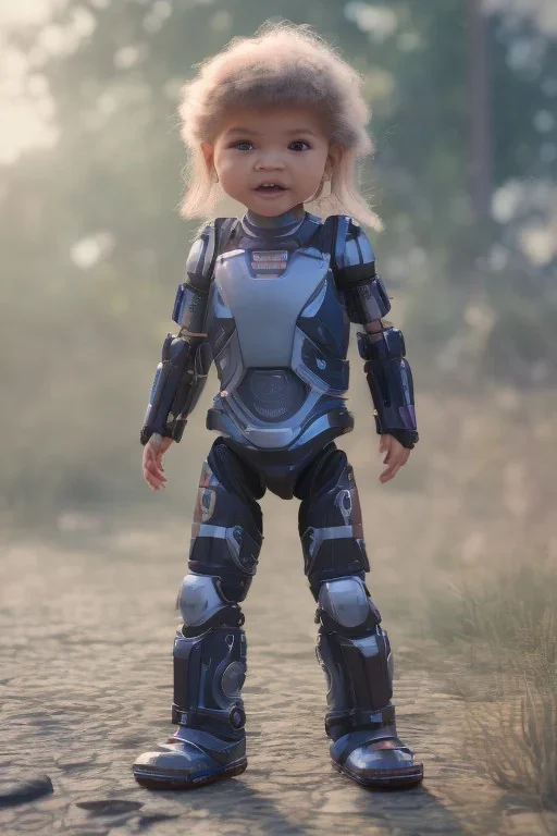 Zendaya toddler, robocop, full body, jump, bokeh, hyper realistic