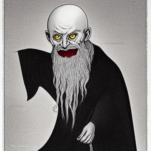 Nosferatu with four yellow eyes with fleshy tentacle hair beard grey skin and fangs as a Russian Orthodox