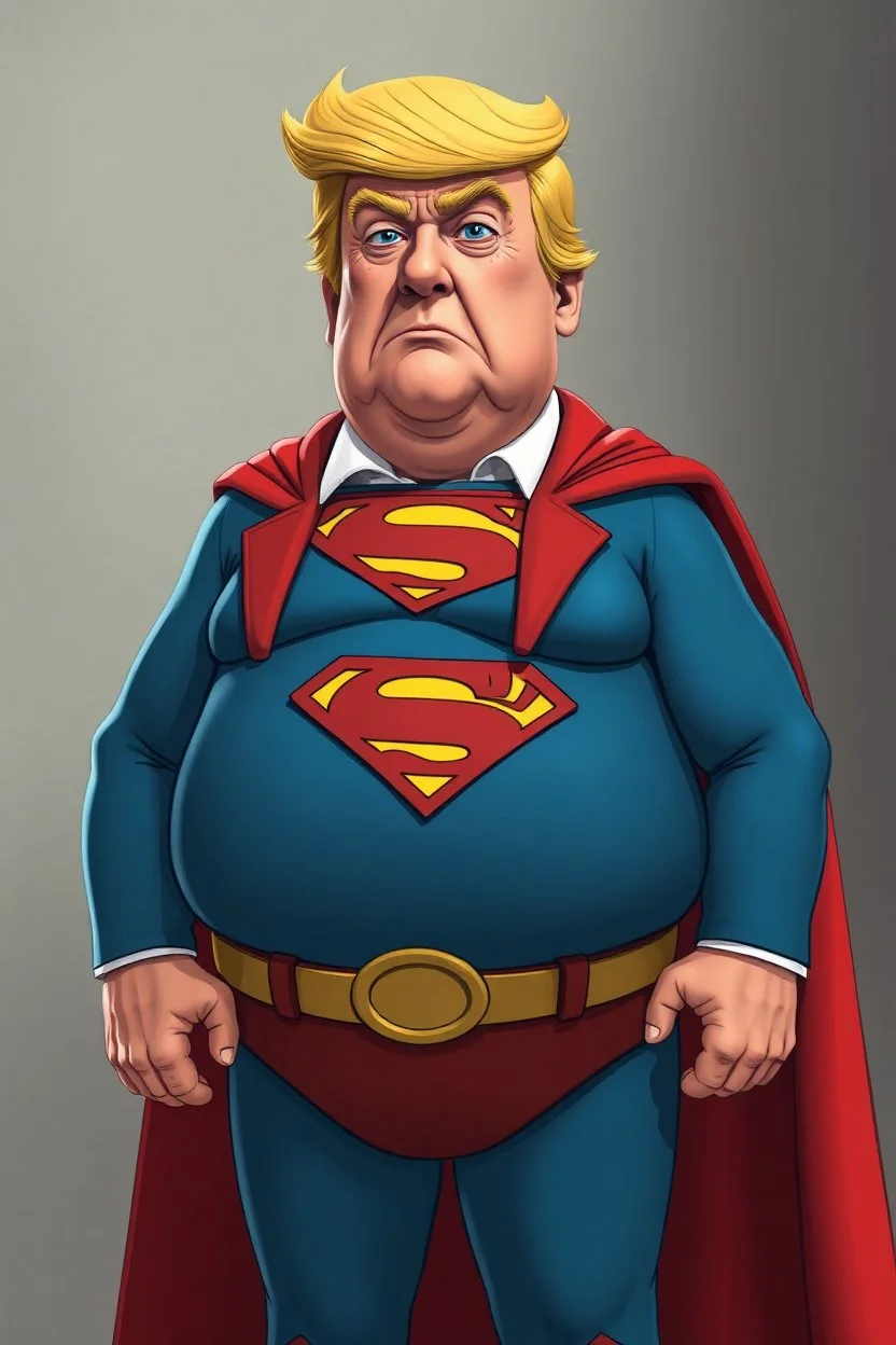 a thoroughly confused, frail, elderly and obese donald trump standing dressed as cartoon superman
