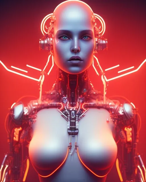 A beautiful portrait of a cyborg body women red color scheme, high key lighting, volumetric light high details psychedelic background