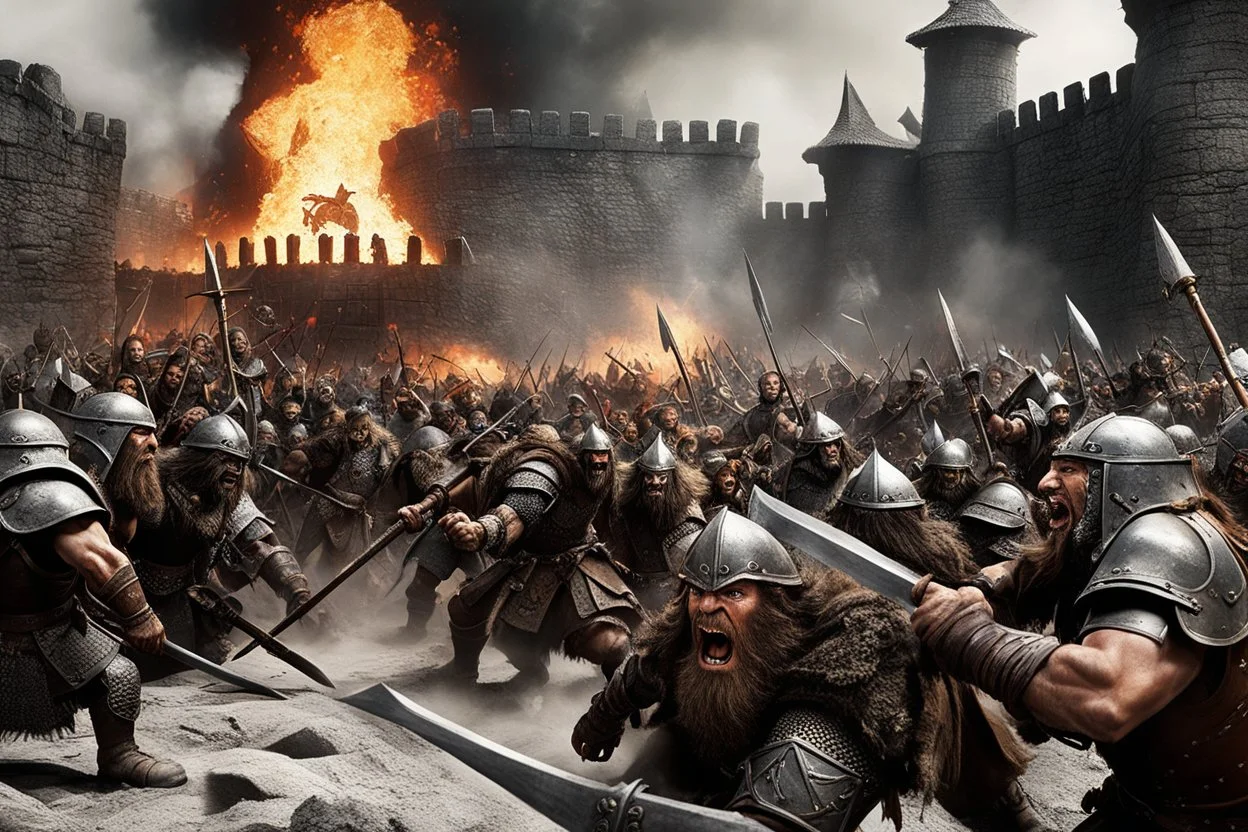 (photo of a movie by Ray Harryhausen) Epic dynamic spread, graphic movie style. Subject: Chaotic battle scene during Dwarven defense against Orcs on the fortified wall. Foreground: Gritty, muscle-bound Dwarven warrior with flame-beard swinging an axe into an Orc helm, intense rage expression. Midground: Phalanx of armored Dwarves defending battlements, dropping stones and tar. Background: Endless tide of attacking Orcs with scaling ladders, five armored Trolls pushing a ram at the wall base. Wa