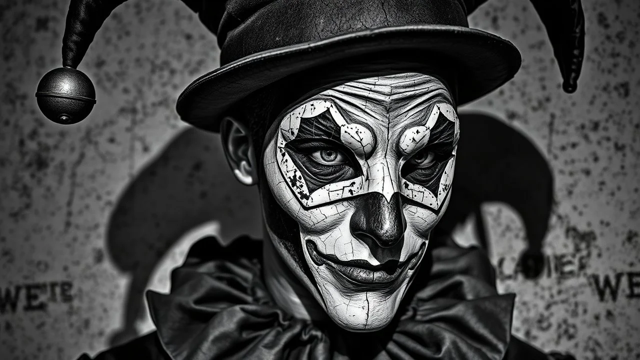A close-up, black and white, portrait of a jester with a cracked, weathered texture. The jester wears a traditional jester's hat with a bell on one side, and a diamond-patterned mask covering the eyes. The mask is also cracked and peeling, adding to the aged and distressed aesthetic. A ruffled collar frames the jester's neck. The background is textured and appears to be a distressed wall. The lighting is dramatic, casting shadows that emphasize the jester's features and the textures of the image